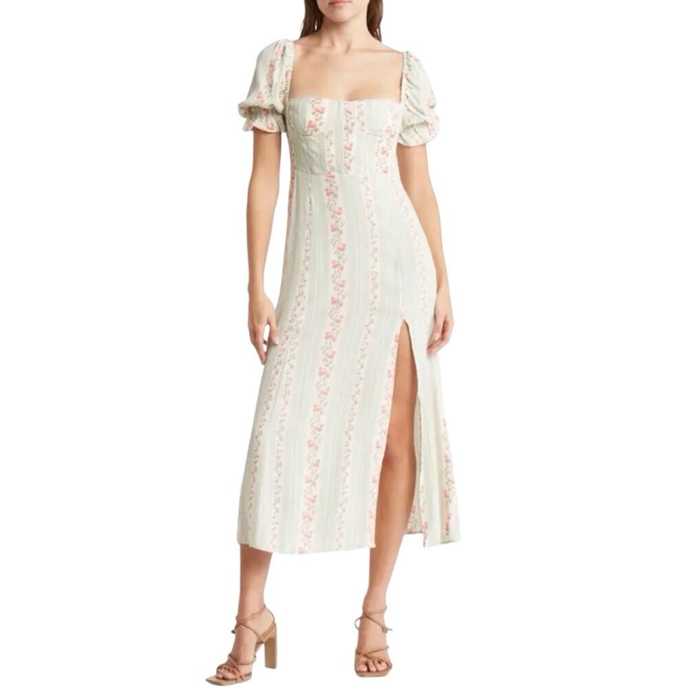 We Wore What Womens 2 Puff Sleeve Midi Dress in Rosewood Multi NEW